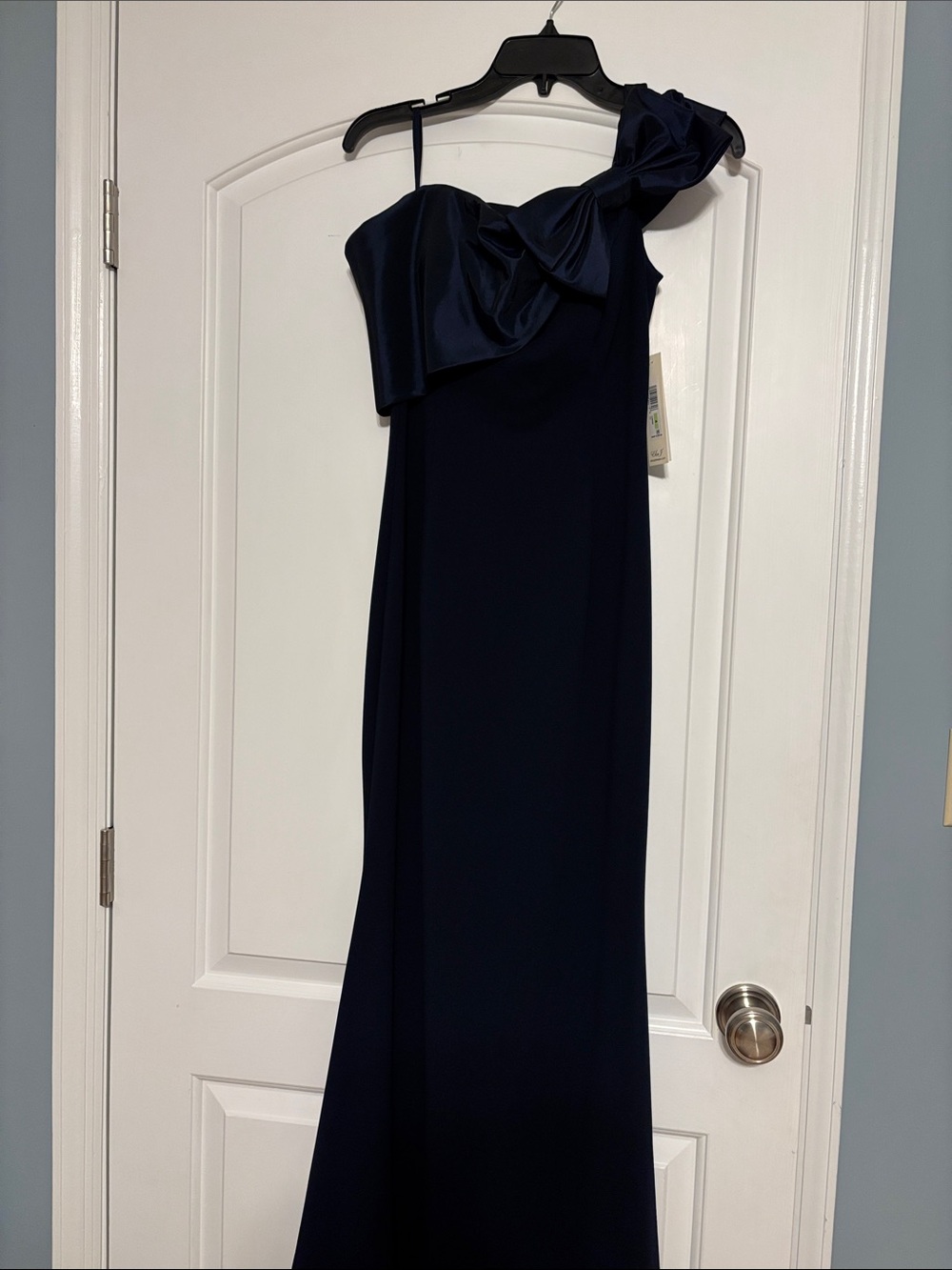 Eliza J Navy One-Shoulder Gown with Dramatic Ruffle